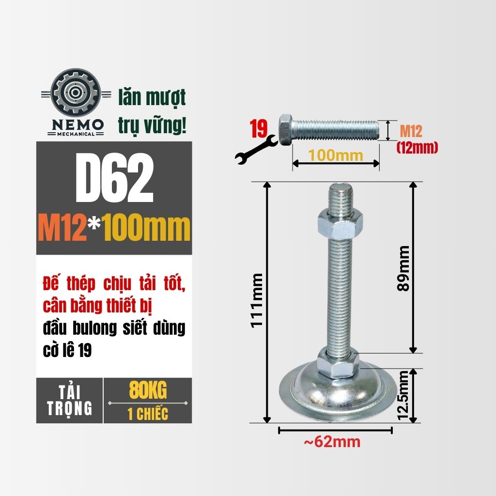 Chân Tăng Chỉnh Đế Thép Mạ Kẽm – Giải Pháp Cân Bằng Bàn Thao Tác & Băng Tải (M10, M12, M16)